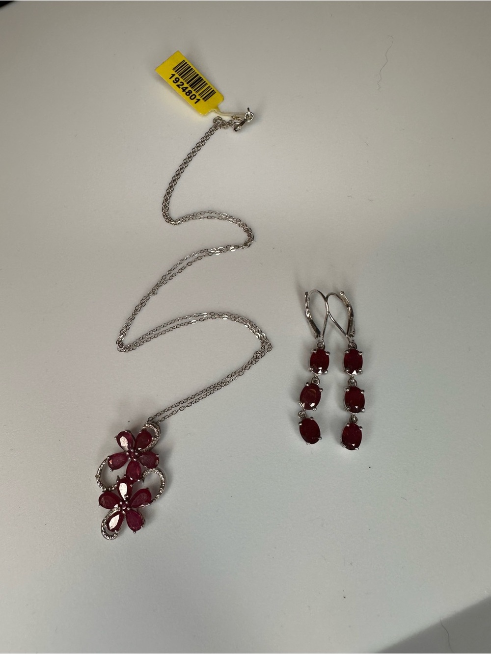 Sterling silver Red Floral Pendant Necklace and Ruby-Red Drop Earrings Set